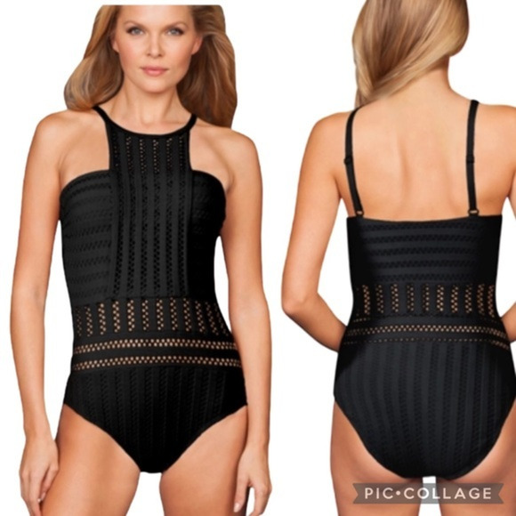 Kenneth Cole New York Perforated Bandeau One Piece Swimsuit Black Small - Picture 1 of 7